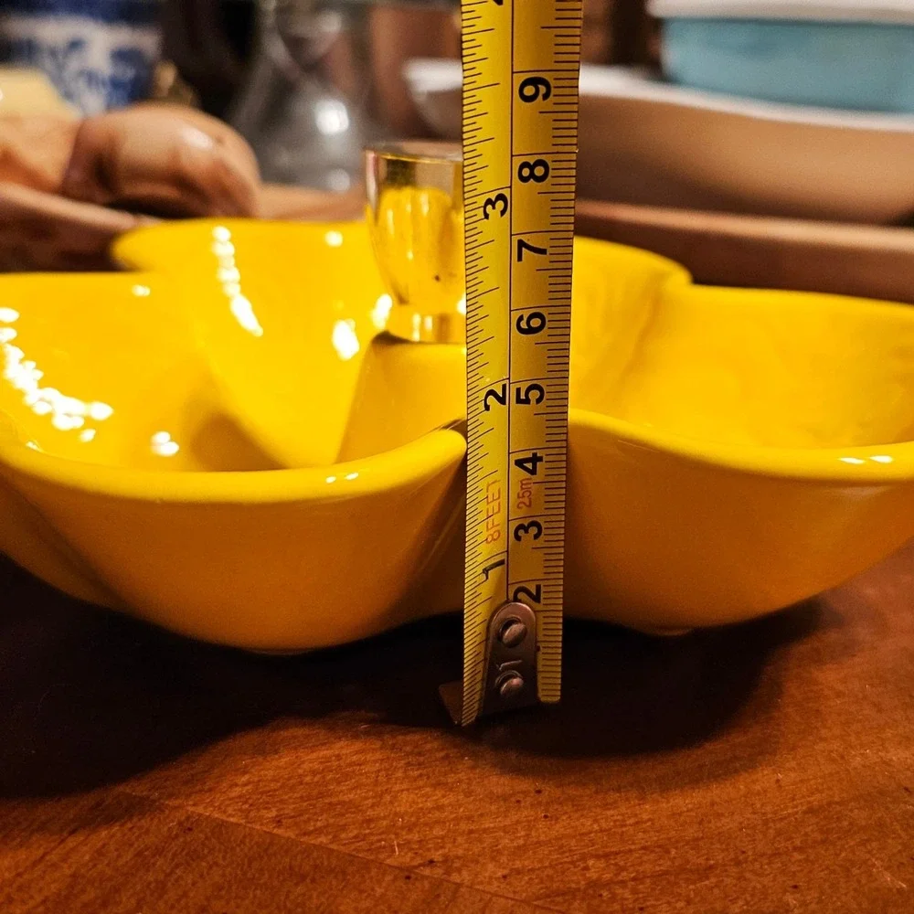 Vintage Yellow Ceramic 3 Section Candy Dish Gold Handle Mid Century Modern 7.5in